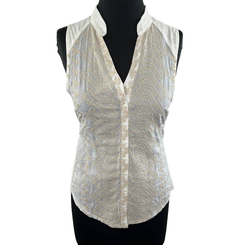 TINY White Sleeveless Cotton Embroidered Button-Down Blouse Tie Back XS NEW